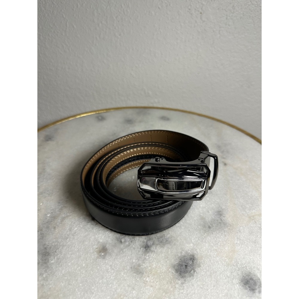Black Faux Leather Ratchet Belt Gunmetal Automatic Slide Buckle Adjustable Dress